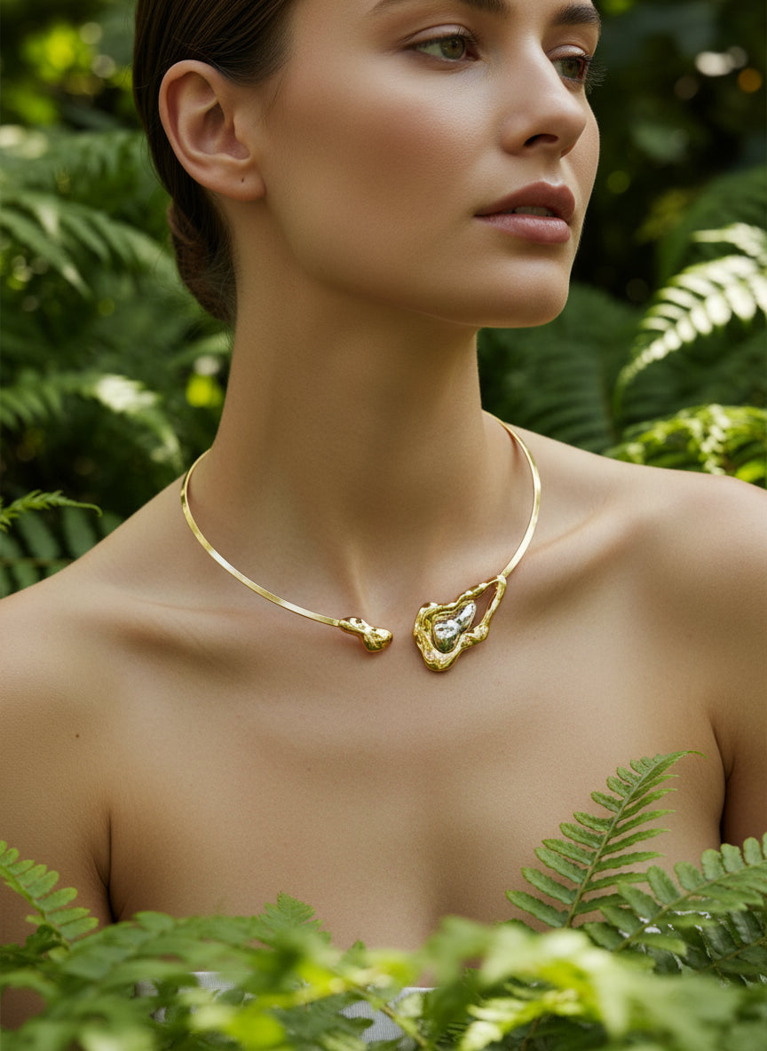 Conjunto Colar Rígido e Bracelete Duo Metal Banhados a Ouro 18K e Ródio Branco