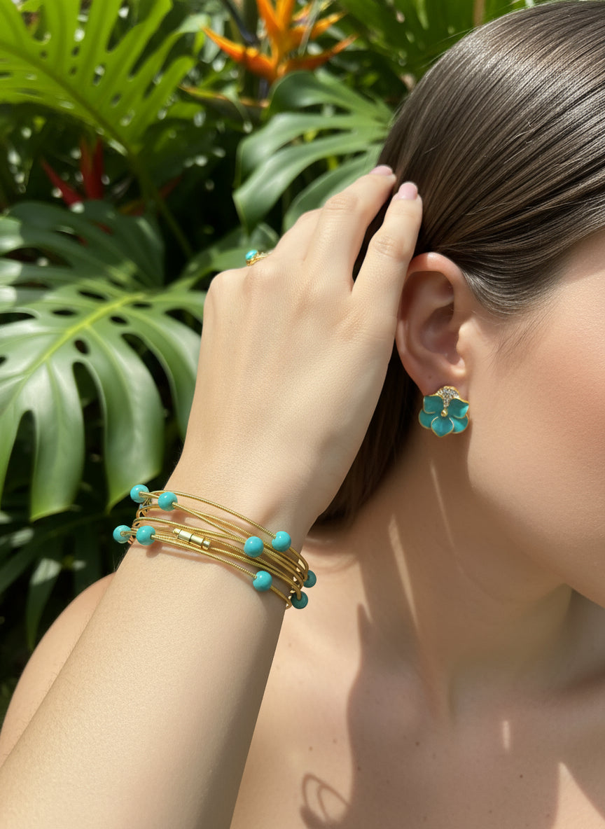 Conjunto Flor Turquesa — Brinco + Pulseira Corda de Violão