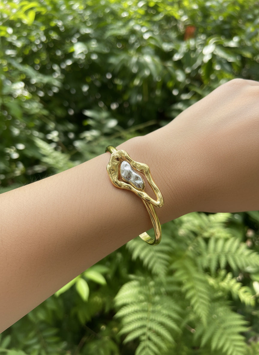 Conjunto Colar Rígido e Bracelete Duo Metal Banhados a Ouro 18K e Ródio Branco