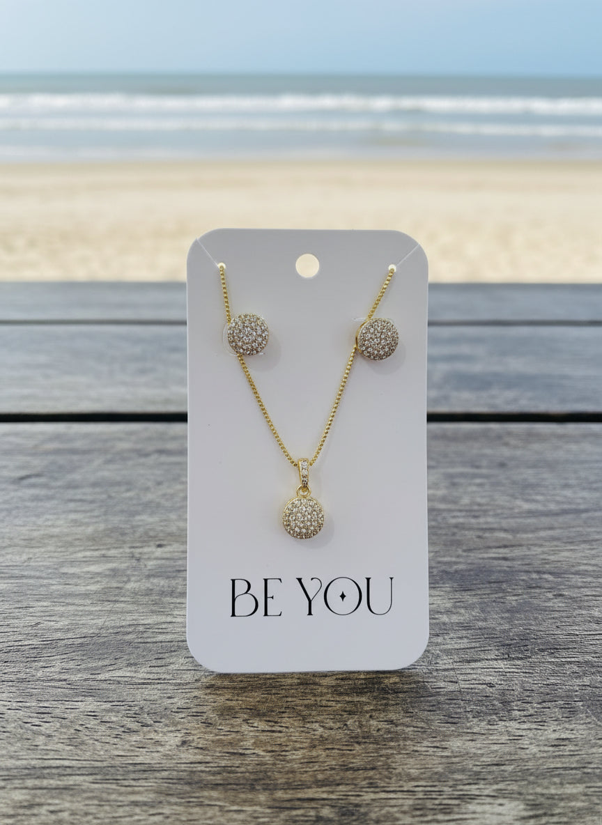 Conjunto Esfera Cravejada em Zircônia – Colar + Brincos Banhado a Ouro 18k