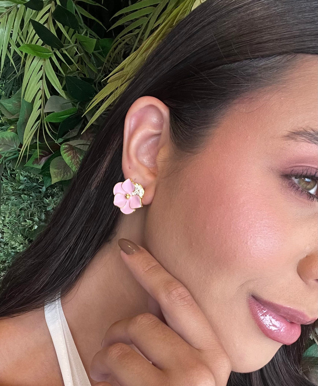 Brinco Flor Rosa Esmaltado - Cravejado com Zircônia