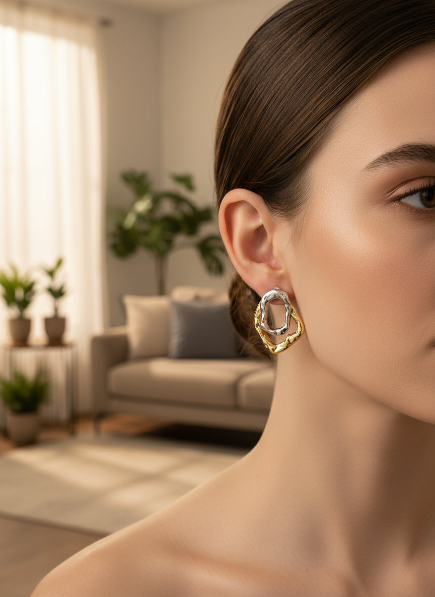 Brinco Dois em Um Banhado a Ouro 18K e Ródio Branco