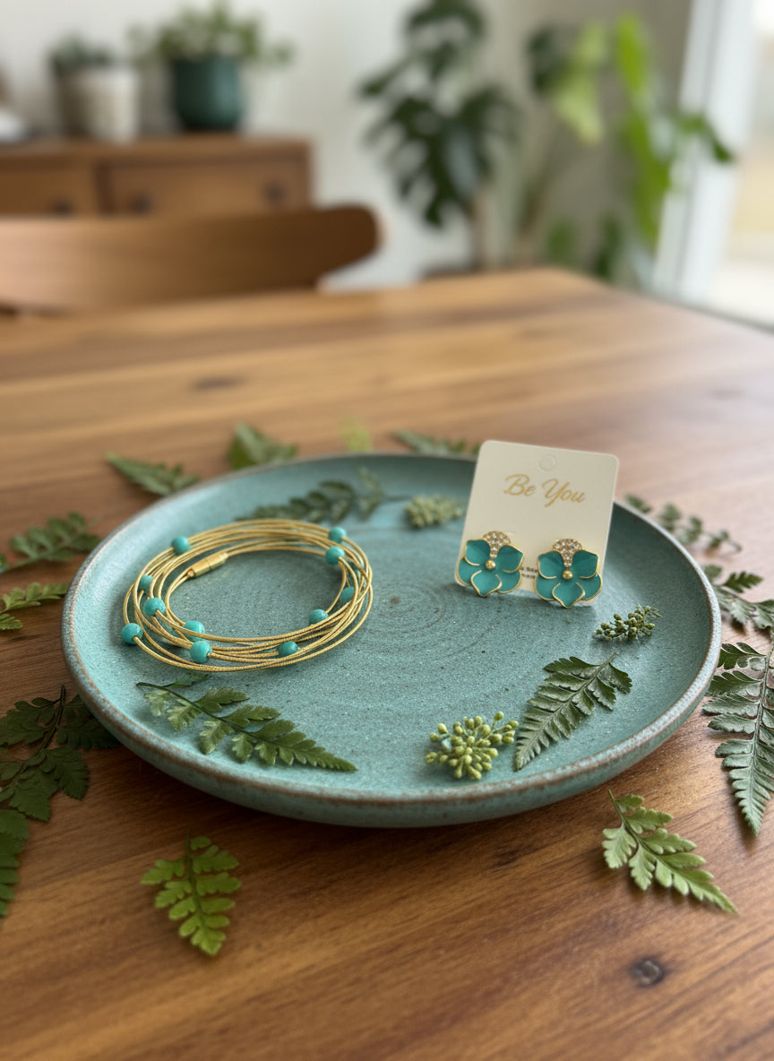 Conjunto Flor Turquesa — Brinco + Pulseira Corda de Violão