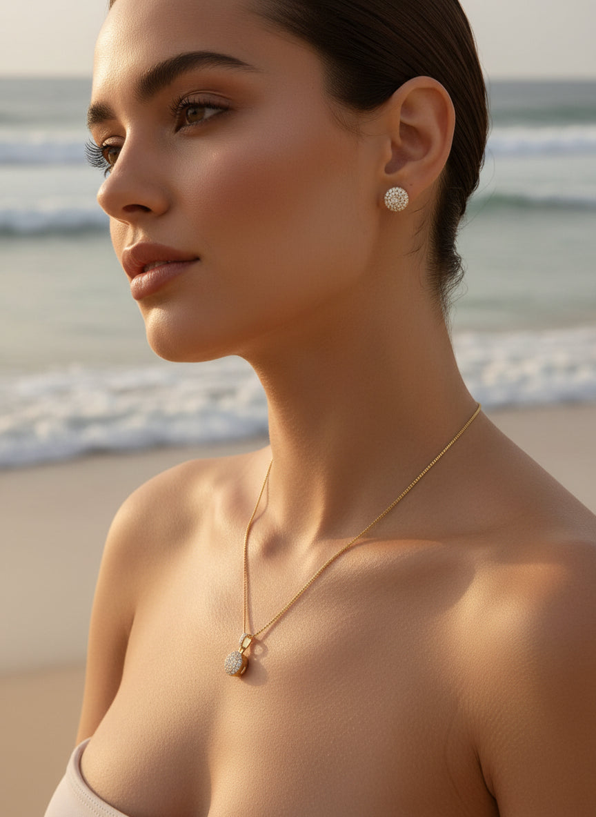 Conjunto Esfera Cravejada em Zircônia – Colar + Brincos Banhado a Ouro 18k