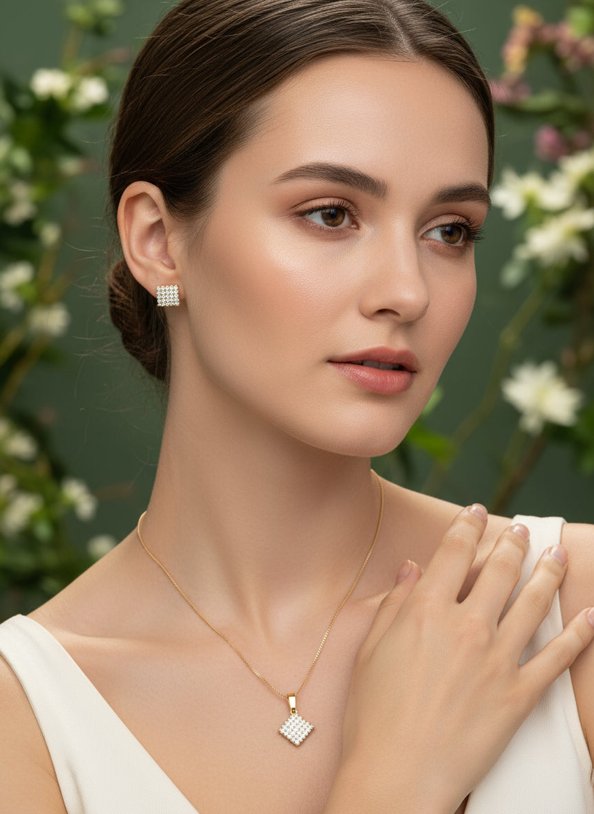 Conjunto Quadrado Cravejado — Colar + Brincos