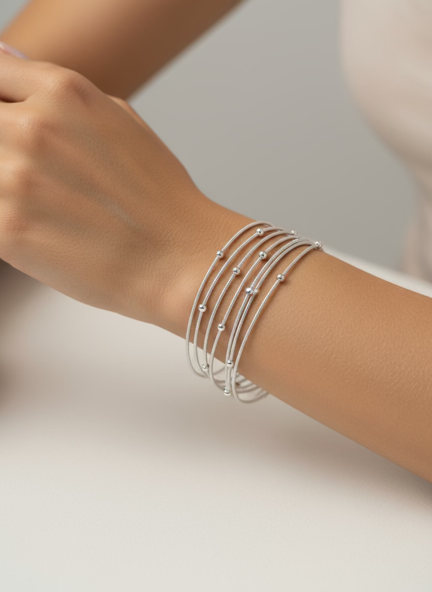 Pulseira Corda de Violão em Ródio com Mini Bolinhas